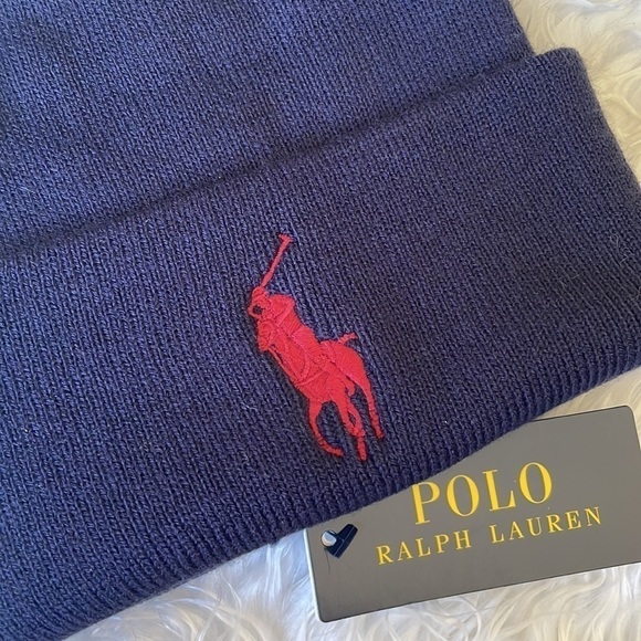Brand New Polo Ralph Lauren Navy Blue Knit Cuff Beanie Hat Embroidered Big Pony - Picture 5 of 9